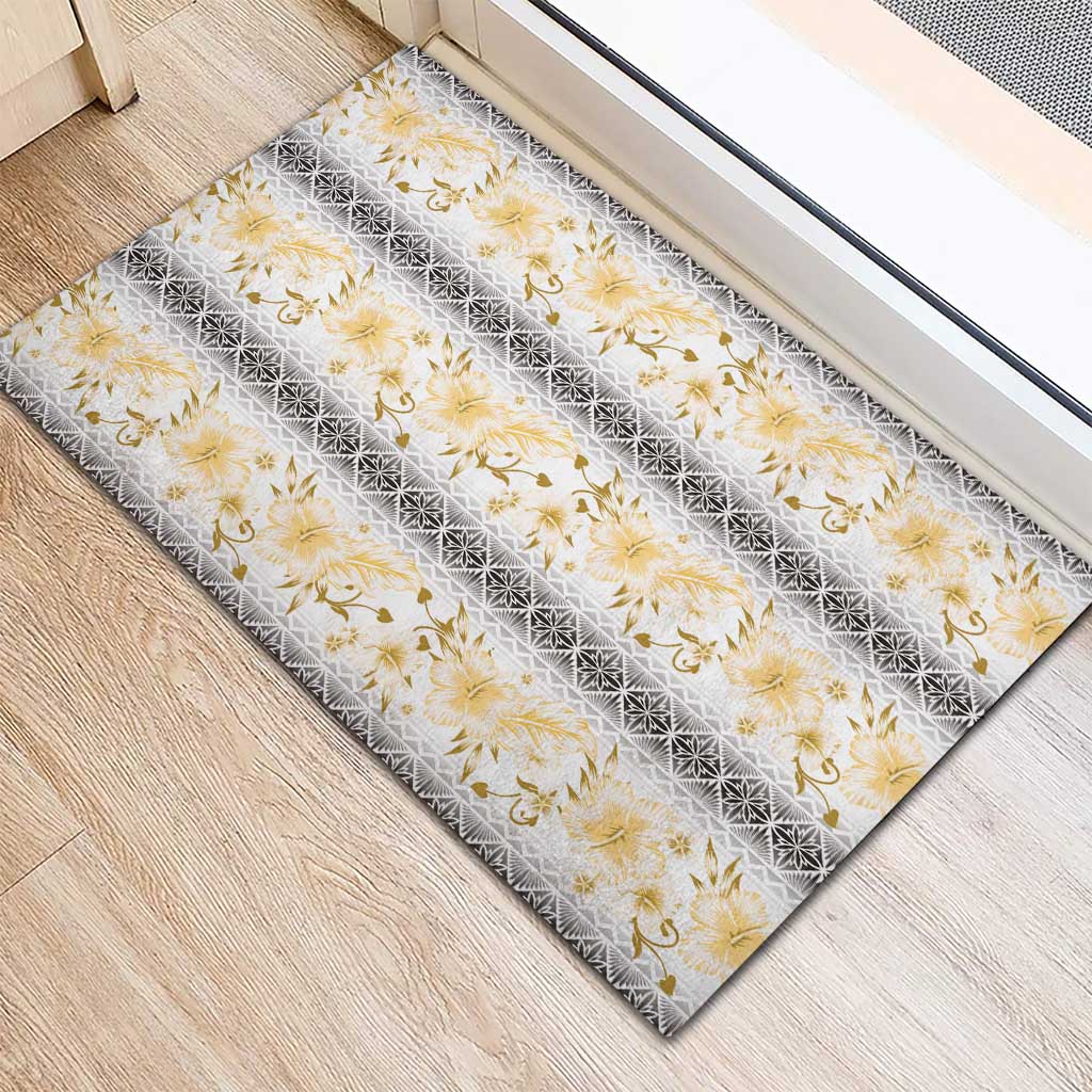 Samoa White Sunday Rubber Doormat Samoan Tapa Yellow Hibiscus - Polynesian Pride