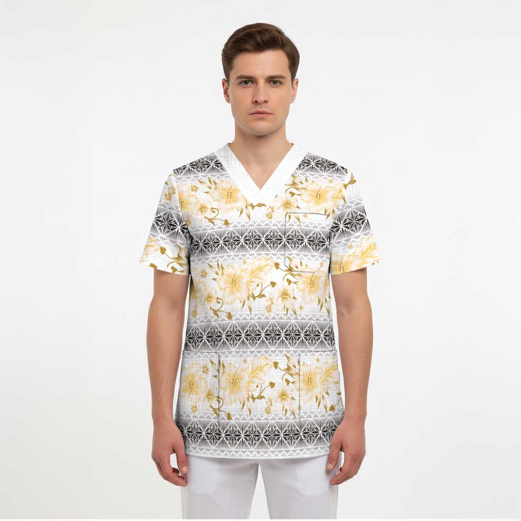 Samoa White Sunday Scrub Top Samoan Tapa Yellow Hibiscus - Polynesian Pride