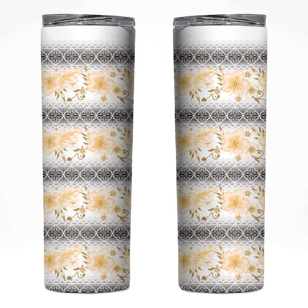 Samoa White Sunday Skinny Tumbler Samoan Tapa Yellow Hibiscus - Polynesian Pride