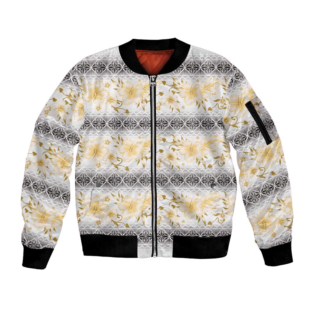 Samoa White Sunday Sleeve Zip Bomber Jacket Samoan Tapa Yellow Hibiscus LT05 Unisex Yellow - Polynesian Pride