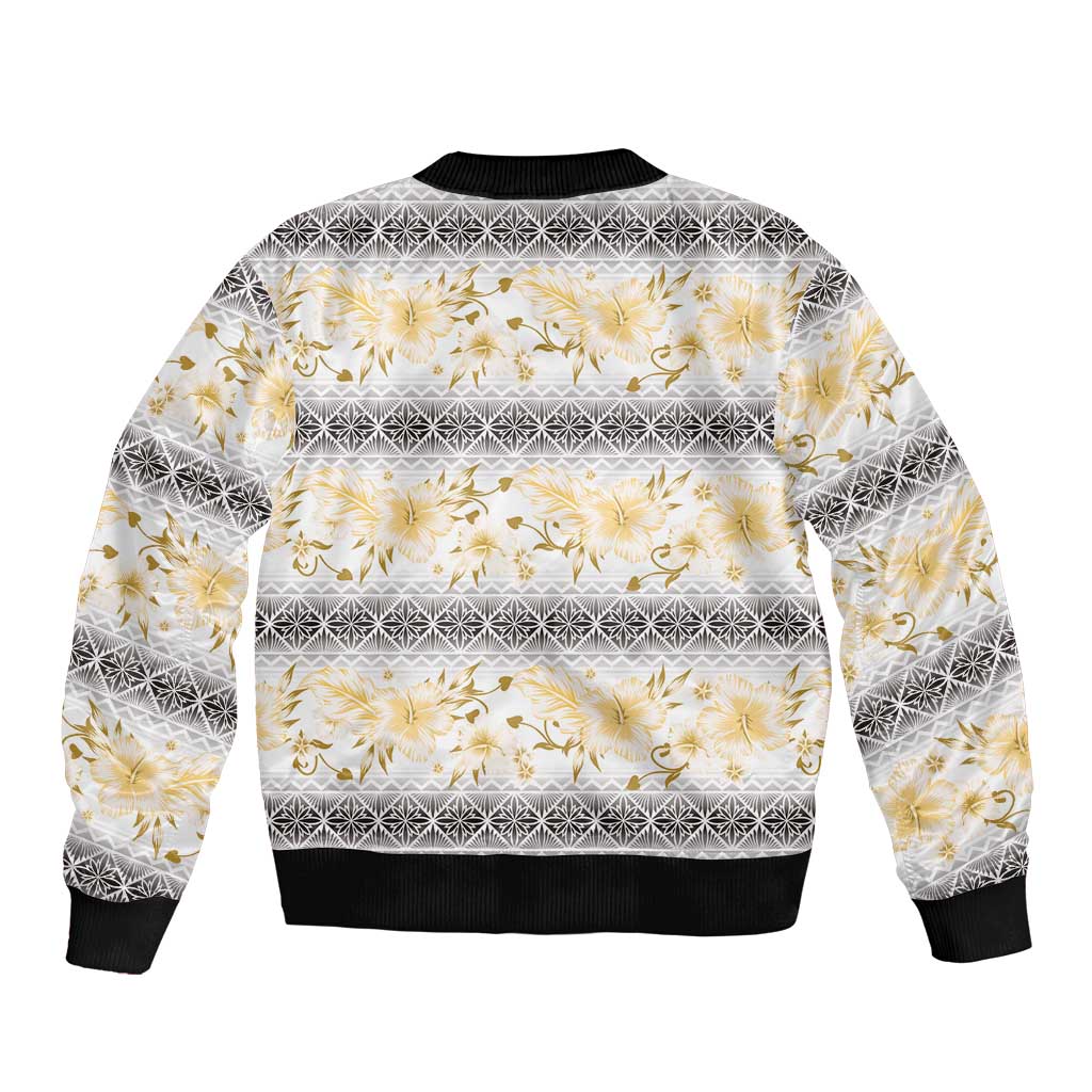 Samoa White Sunday Sleeve Zip Bomber Jacket Samoan Tapa Yellow Hibiscus - Polynesian Pride