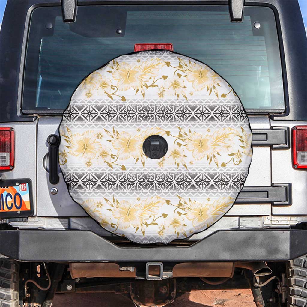 Samoa White Sunday Spare Tire Cover Samoan Tapa Yellow Hibiscus - Polynesian Pride