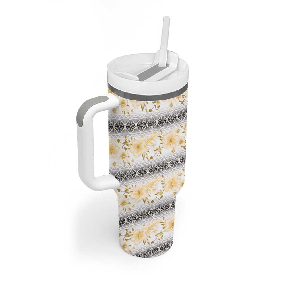 Samoa White Sunday Tumbler With Handle Samoan Tapa Yellow Hibiscus - Polynesian Pride