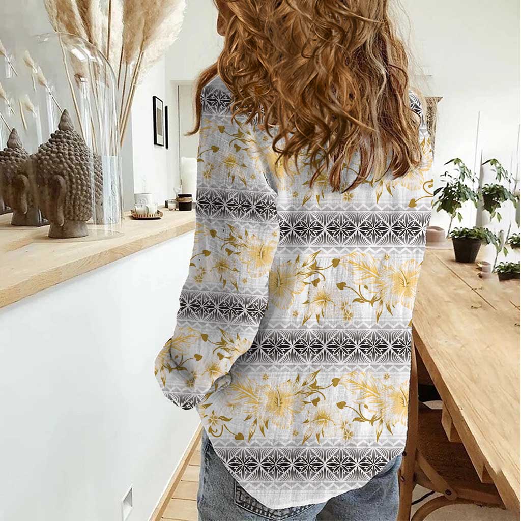 Samoa White Sunday Women Casual Shirt Samoan Tapa Yellow Hibiscus - Polynesian Pride