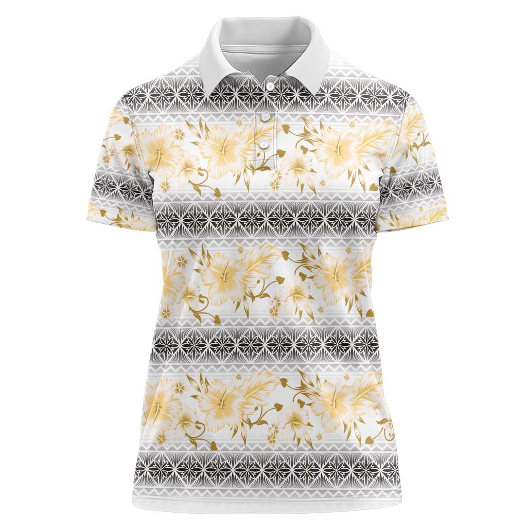Samoa White Sunday Women Polo Shirt Samoan Tapa Yellow Hibiscus - Polynesian Pride