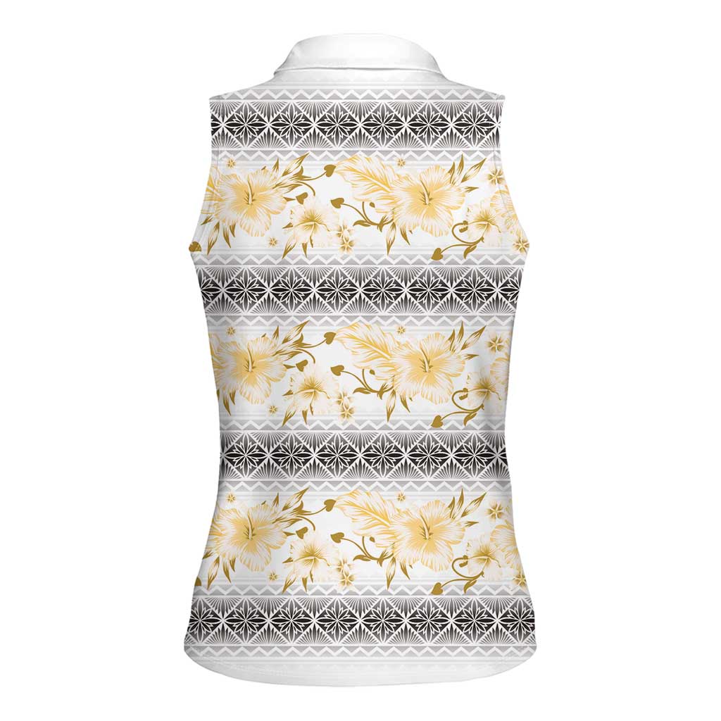 Samoa White Sunday Women Sleeveless Polo Shirt Samoan Tapa Yellow Hibiscus - Polynesian Pride