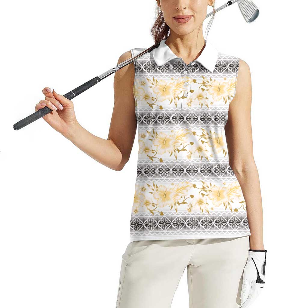 Samoa White Sunday Women Sleeveless Polo Shirt Samoan Tapa Yellow Hibiscus - Polynesian Pride