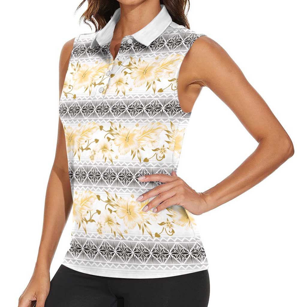 Samoa White Sunday Women Sleeveless Polo Shirt Samoan Tapa Yellow Hibiscus - Polynesian Pride