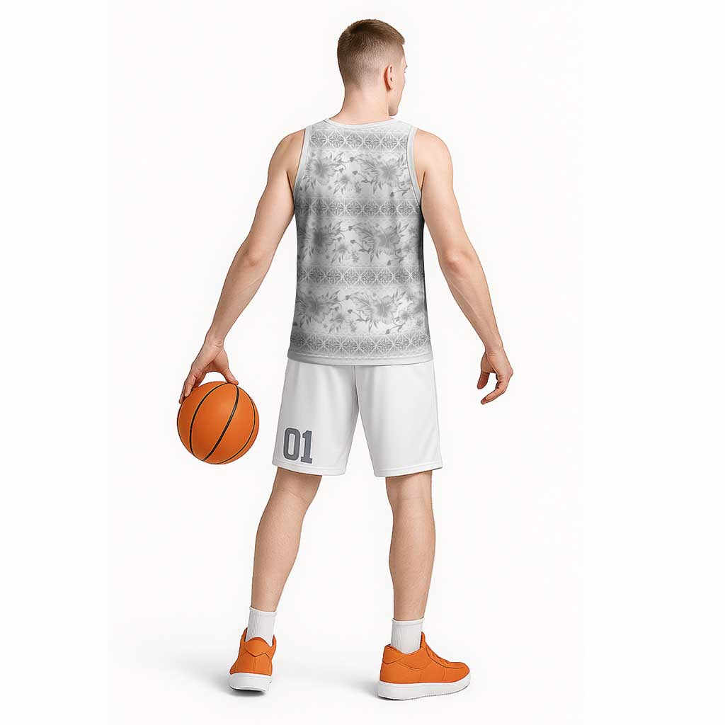 Samoa White Sunday Basketball Jersey Samoan Tapa White Hibiscus - Polynesian Pride