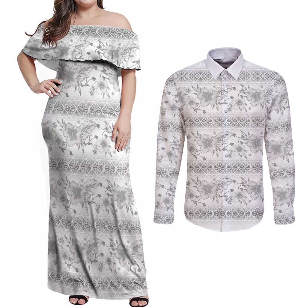 Samoa White Sunday Couples Matching Off Shoulder Maxi Dress and Long Sleeve Button Shirt Samoan Tapa White Hibiscus - Polynesian Pride