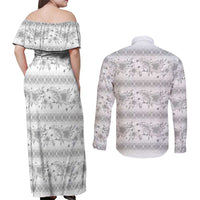Samoa White Sunday Couples Matching Off Shoulder Maxi Dress and Long Sleeve Button Shirt Samoan Tapa White Hibiscus - Polynesian Pride