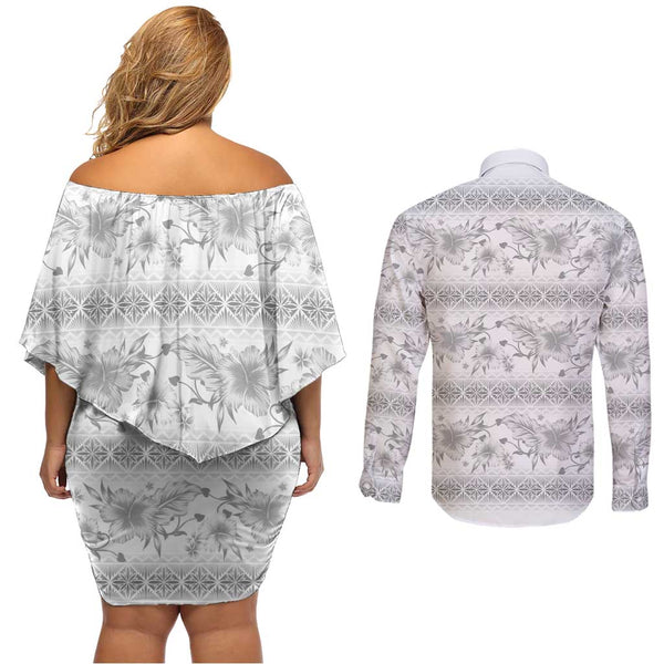Samoa Combo Off Shoulder Long Dress And Shirt Polynesian Pattern Reggae Color Hibiscus Flowers