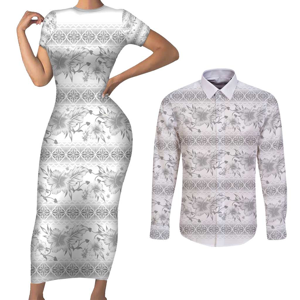 Samoa White Sunday Couples Matching Short Sleeve Bodycon Dress and Long Sleeve Button Shirt Samoan Tapa White Hibiscus - Polynesian Pride