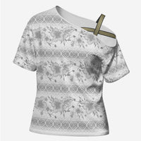 Samoa White Sunday Cross Shoulder Shirt Samoan Tapa White Hibiscus - Polynesian Pride