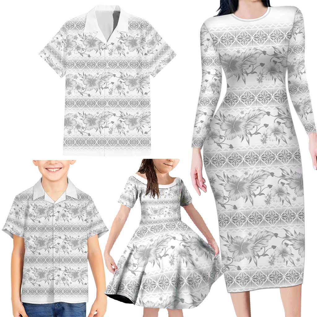 Samoa White Sunday Family Matching Long Sleeve Bodycon Dress and Hawaiian Shirt Samoan Tapa White Hibiscus - Polynesian Pride