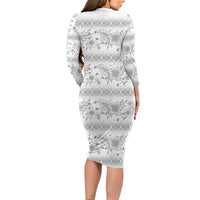 Samoa White Sunday Family Matching Long Sleeve Bodycon Dress and Hawaiian Shirt Samoan Tapa White Hibiscus - Polynesian Pride