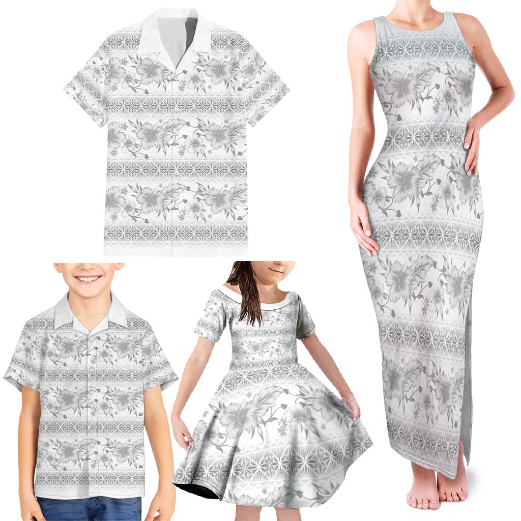 Samoa White Sunday Family Matching Tank Maxi Dress and Hawaiian Shirt Samoan Tapa White Hibiscus - Polynesian Pride