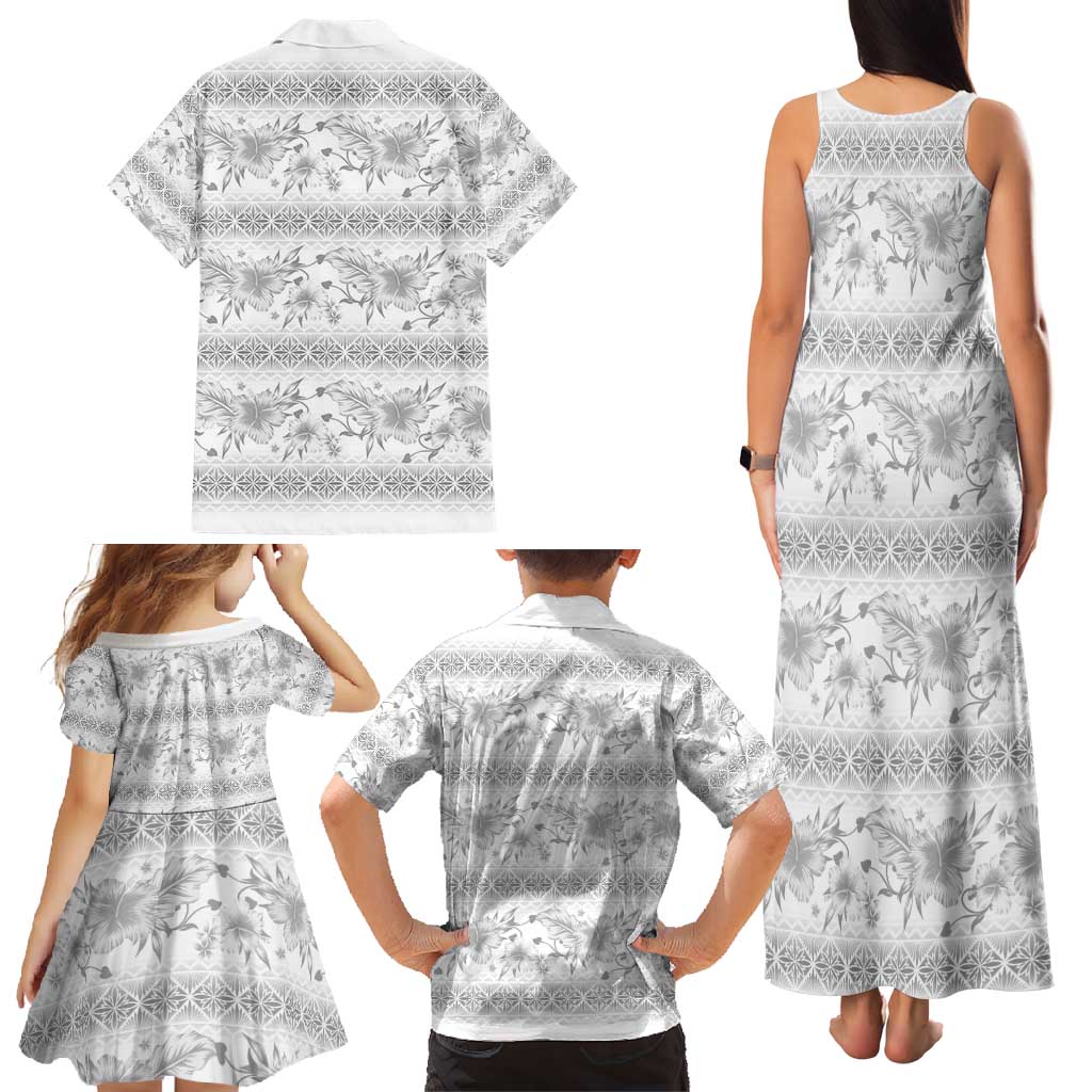 Samoa White Sunday Family Matching Tank Maxi Dress and Hawaiian Shirt Samoan Tapa White Hibiscus - Polynesian Pride