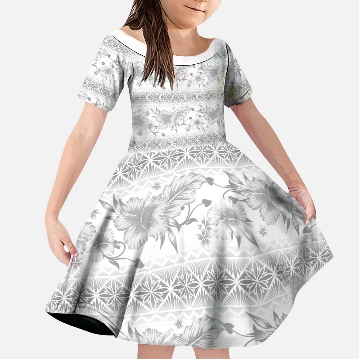Samoa White Sunday Kid Short Sleeve Dress Samoan Tapa White Hibiscus - Polynesian Pride