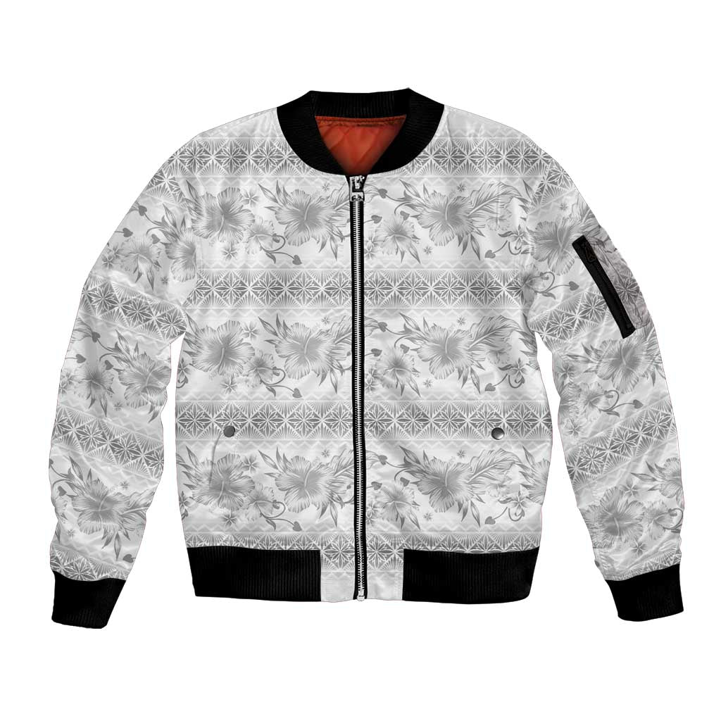 Samoa White Sunday Sleeve Zip Bomber Jacket Samoan Tapa White Hibiscus LT05 Unisex White - Polynesian Pride