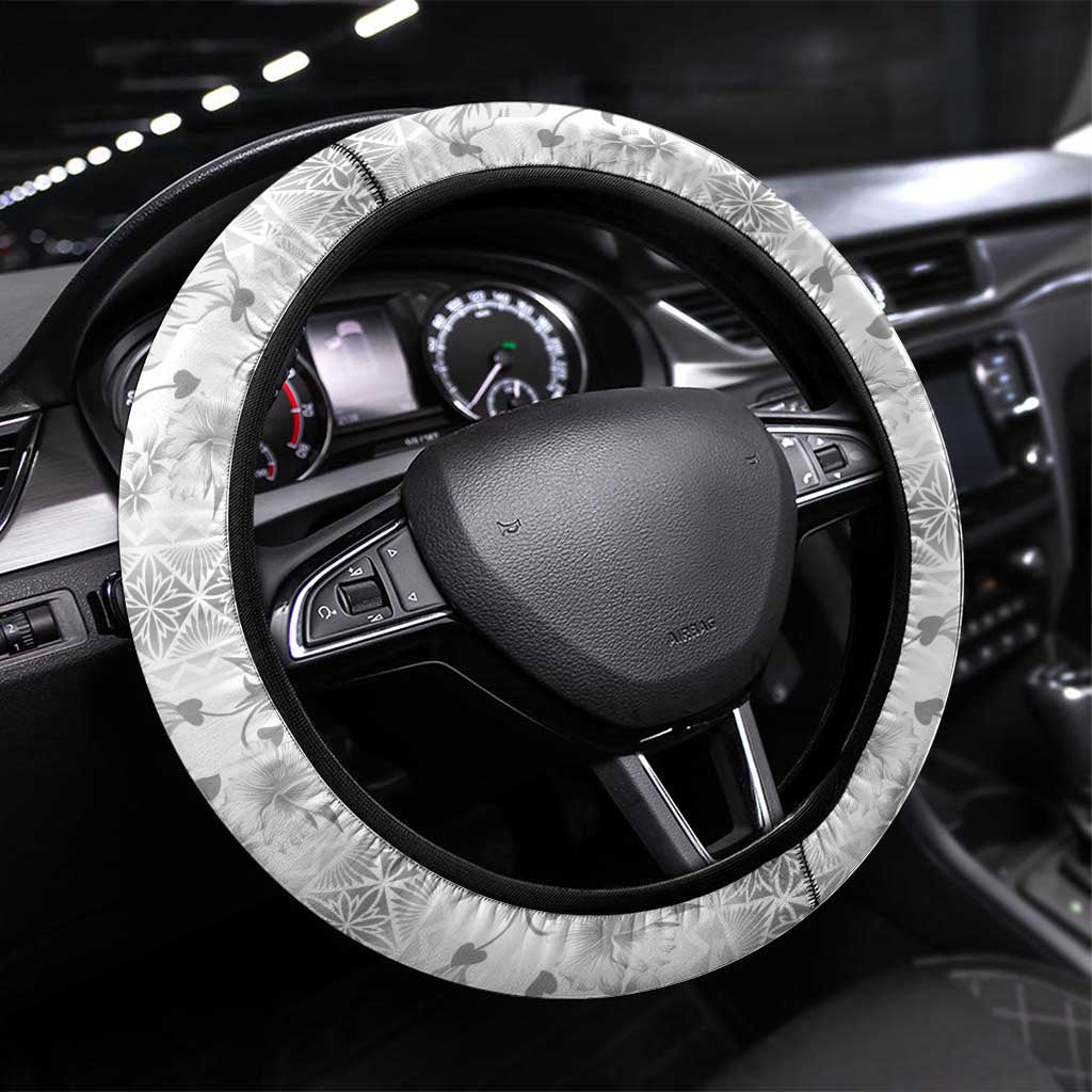 Samoa White Sunday Steering Wheel Cover Samoan Tapa White Hibiscus LT05 Universal Fit White - Polynesian Pride