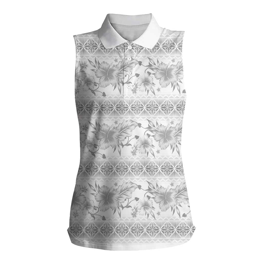 Samoa White Sunday Women Sleeveless Polo Shirt Samoan Tapa White Hibiscus - Polynesian Pride