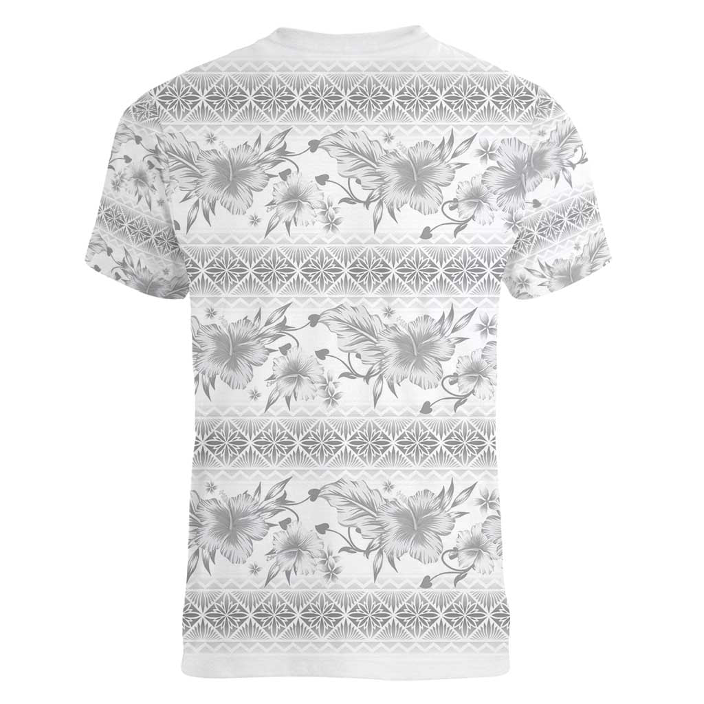 Samoa White Sunday Women V-Neck T-Shirt Samoan Tapa White Hibiscus - Polynesian Pride