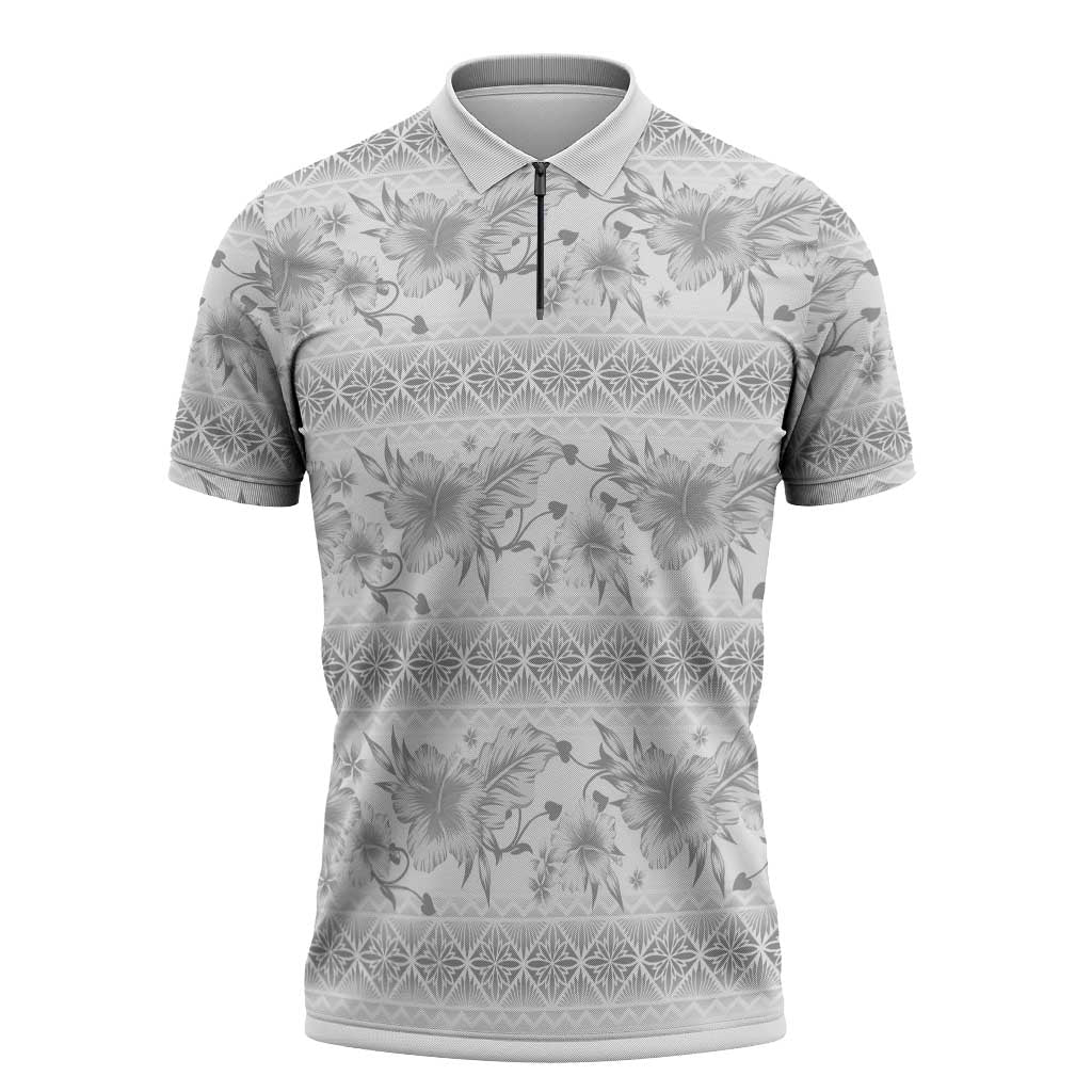 Samoa White Sunday Zipper Polo Shirt Samoan Tapa White Hibiscus - Polynesian Pride