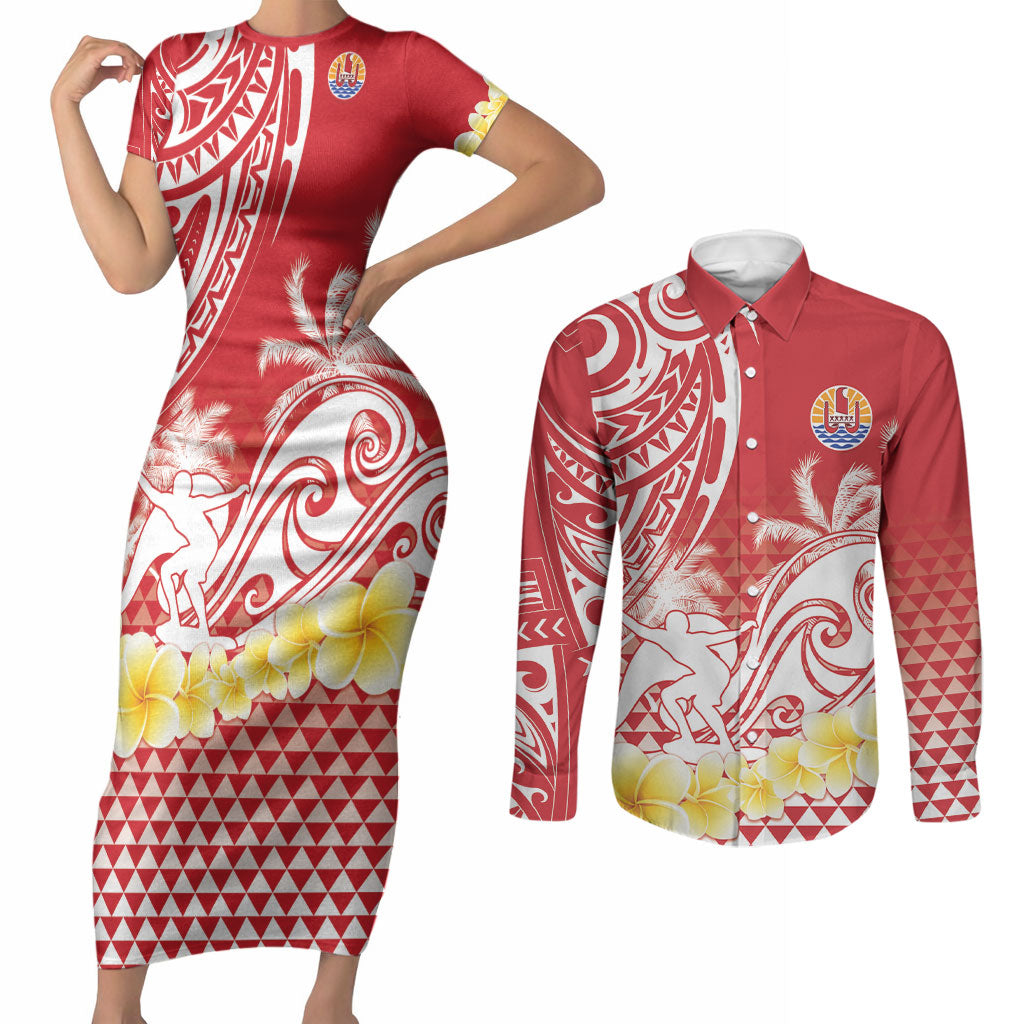 Personalised Tahiti Surfing Couples Matching Short Sleeve Bodycon Dress and Long Sleeve Button Shirt Polynesian Style LT05 Red - Polynesian Pride