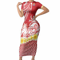 Personalised Tahiti Surfing Short Sleeve Bodycon Dress Polynesian Style LT05 Long Dress Red - Polynesian Pride