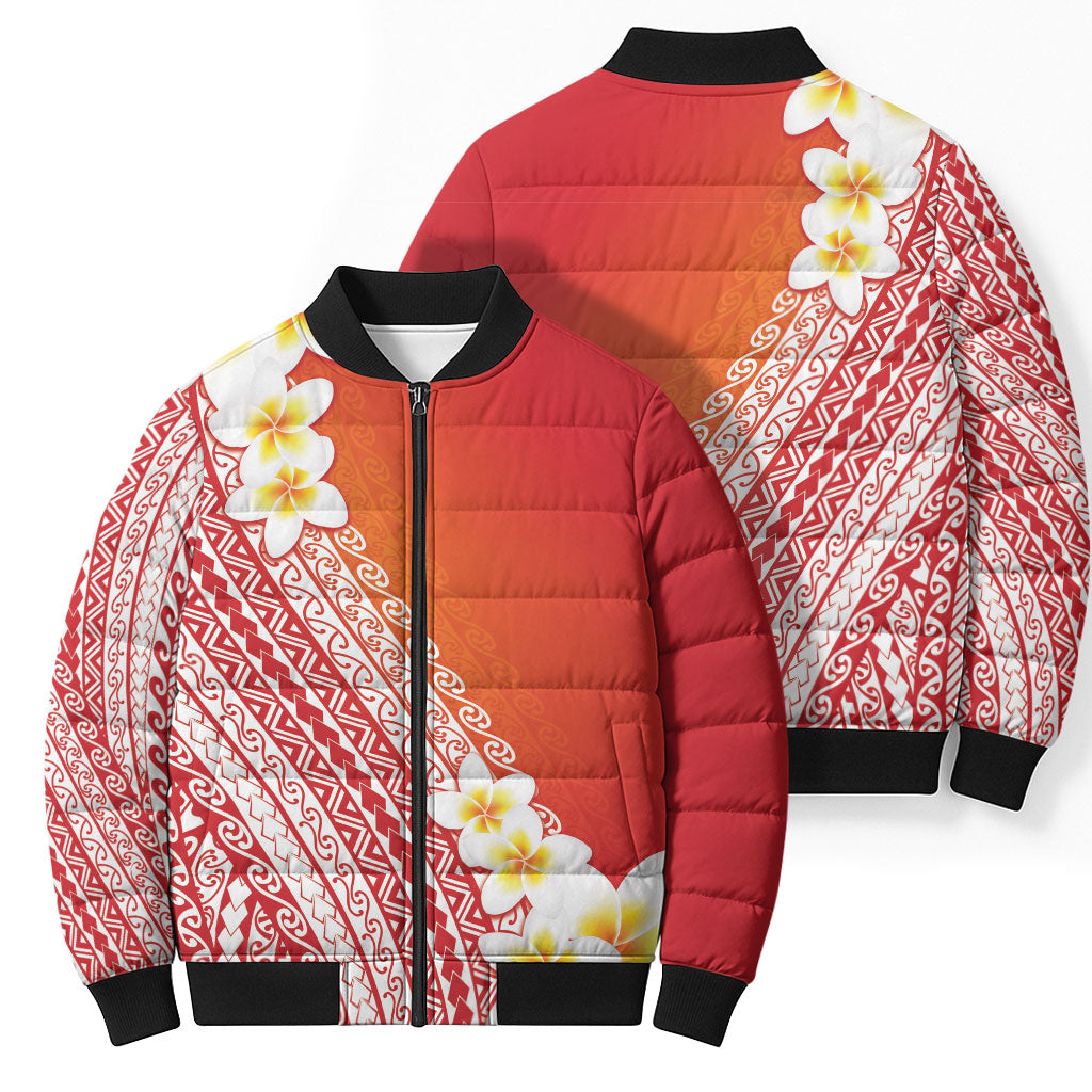 Tahiti Plumeria Tribal Pattern Bomber Puffer Jacket Wave Style Red LT05 - Polynesian Pride