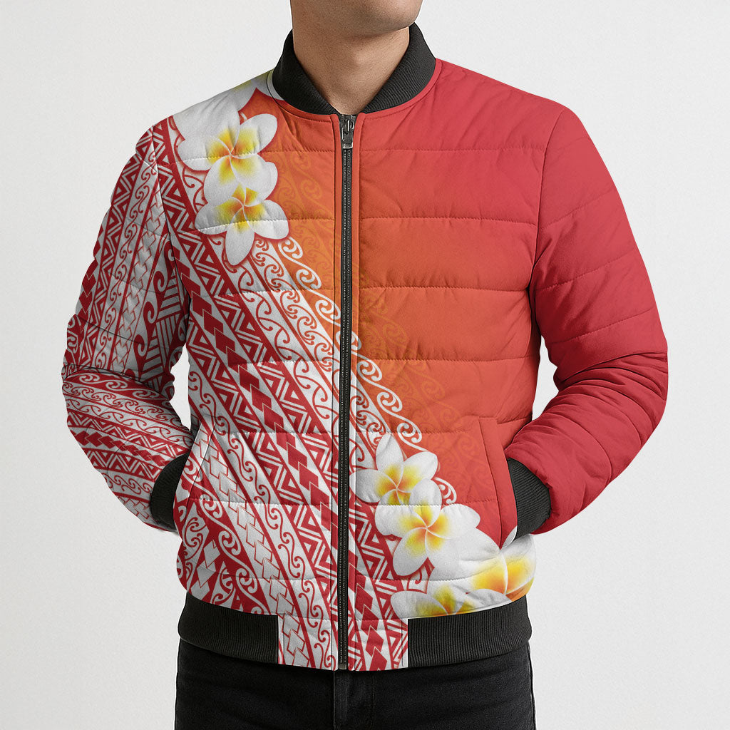 Tahiti Plumeria Tribal Pattern Bomber Puffer Jacket Wave Style Red LT05 - Polynesian Pride