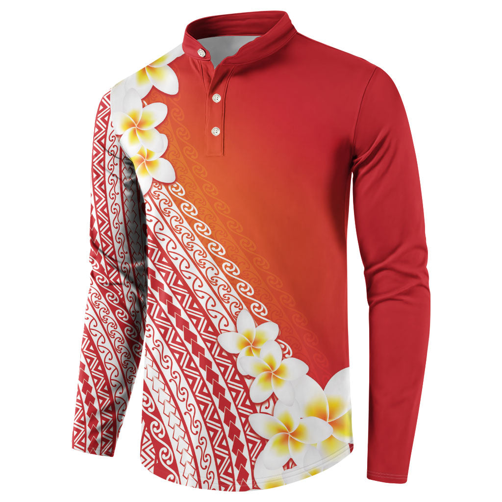 Tahiti Plumeria Tribal Pattern Button Sweatshirt Wave Style Red LT05 - Polynesian Pride