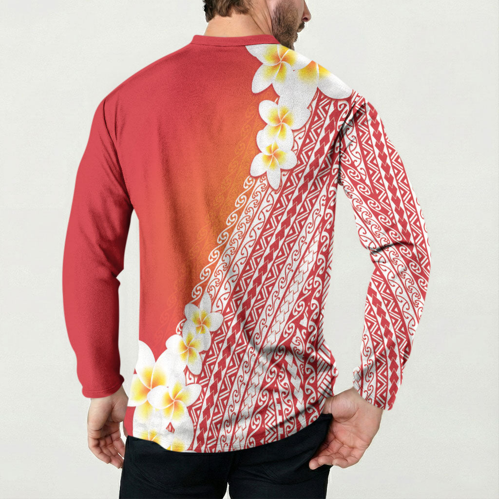 Tahiti Plumeria Tribal Pattern Button Sweatshirt Wave Style Red LT05 - Polynesian Pride