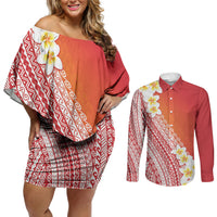 Tahiti Plumeria Tribal Pattern Couples Matching Off Shoulder Short Dress and Long Sleeve Button Shirt Wave Style Red LT05 Red - Polynesian Pride