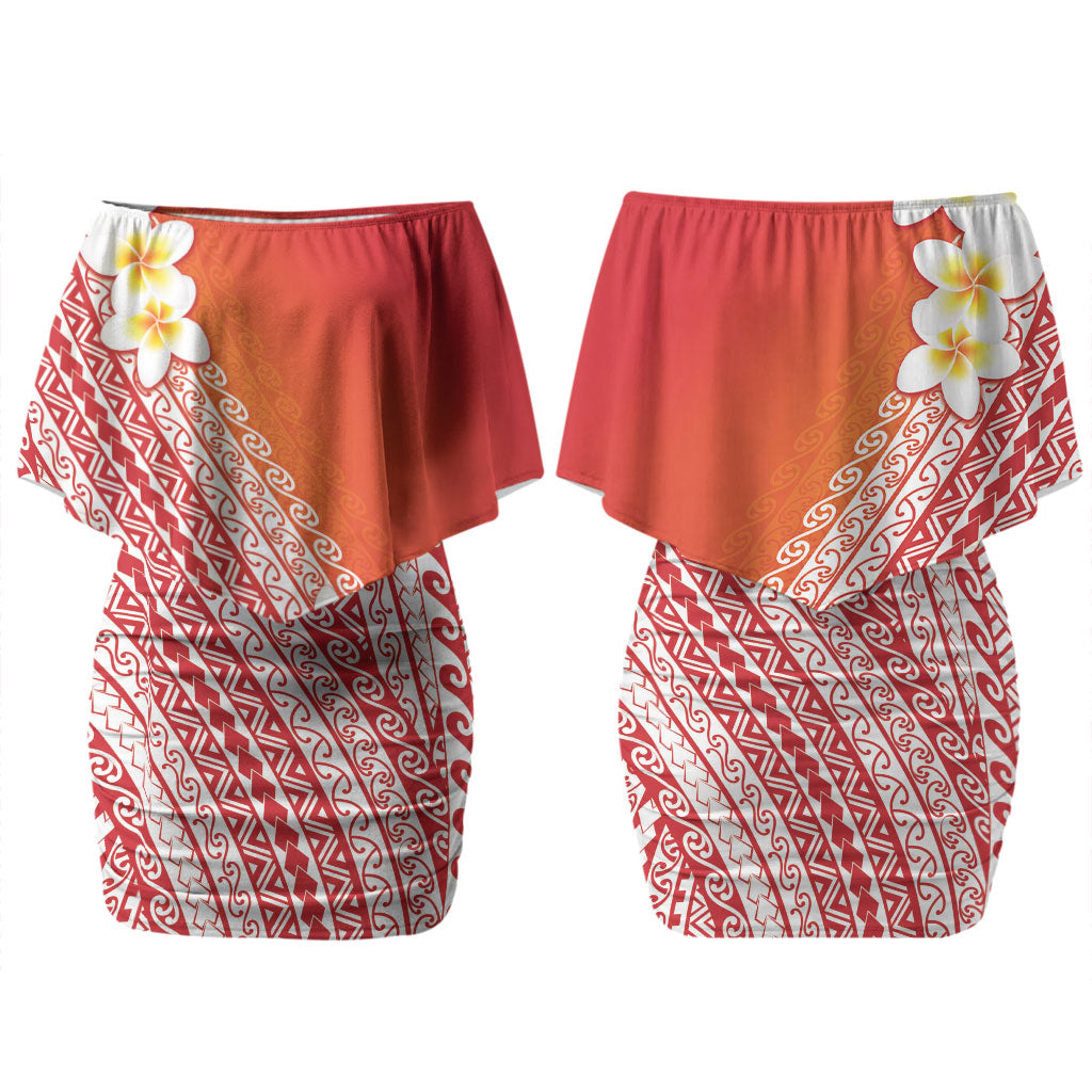 Tahiti Plumeria Tribal Pattern Couples Matching Off Shoulder Short Dress and Long Sleeve Button Shirt Wave Style Red LT05 - Polynesian Pride