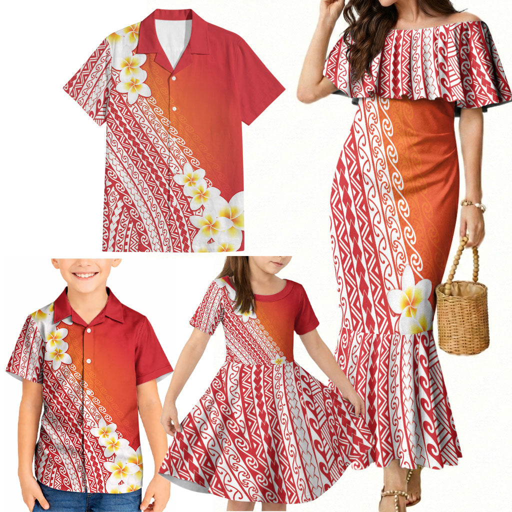 Tahiti Plumeria Tribal Pattern Family Matching Mermaid Dress and Hawaiian Shirt Wave Style Red LT05 - Polynesian Pride
