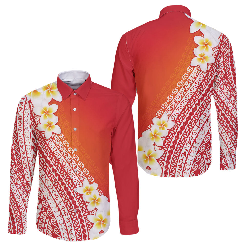 Tahiti Plumeria Tribal Pattern Family Matching Off The Shoulder Long Sleeve Dress and Hawaiian Shirt Wave Style Red LT05 Dad's Shirt - Long Sleeve Red - Polynesian Pride