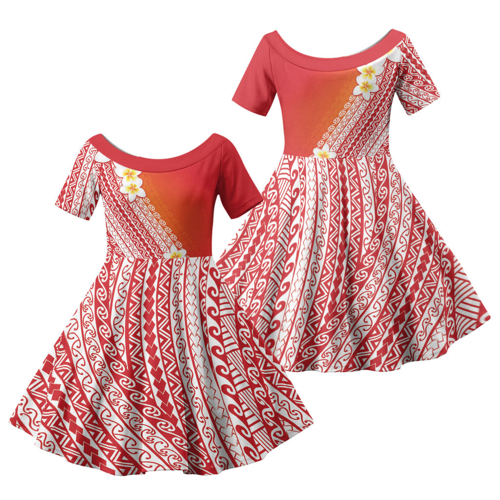 Tahiti Plumeria Tribal Pattern Family Matching Off The Shoulder Long Sleeve Dress and Hawaiian Shirt Wave Style Red LT05 Daughter's Dress Red - Polynesian Pride