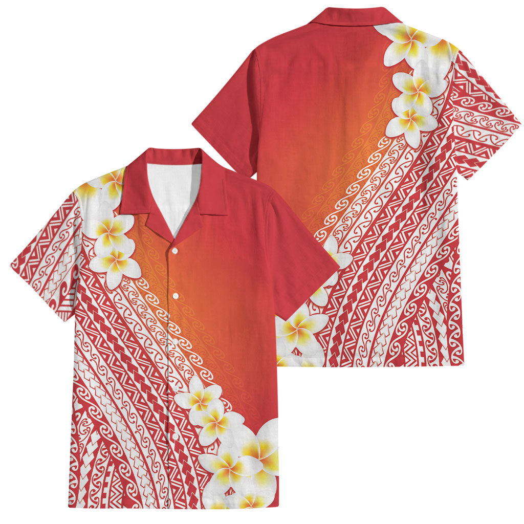 Tahiti Plumeria Tribal Pattern Family Matching Off Shoulder Short Dress and Hawaiian Shirt Wave Style Red LT05 Dad's Shirt - Short Sleeve Red - Polynesian Pride