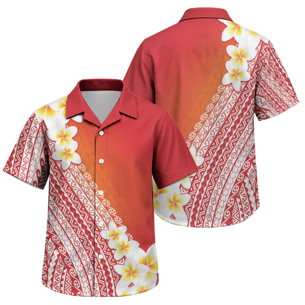 Tahiti Plumeria Tribal Pattern Family Matching Off Shoulder Short Dress and Hawaiian Shirt Wave Style Red LT05 Son's Shirt Red - Polynesian Pride