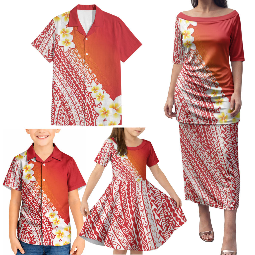 Tahiti Plumeria Tribal Pattern Family Matching Puletasi and Hawaiian Shirt Wave Style Red LT05 - Polynesian Pride