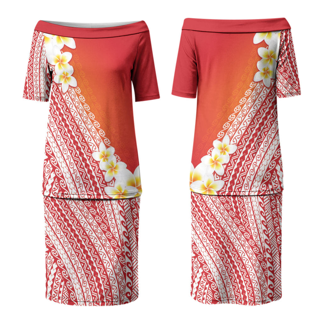 Tahiti Plumeria Tribal Pattern Family Matching Puletasi and Hawaiian Shirt Wave Style Red LT05 Mom's Dress Red - Polynesian Pride