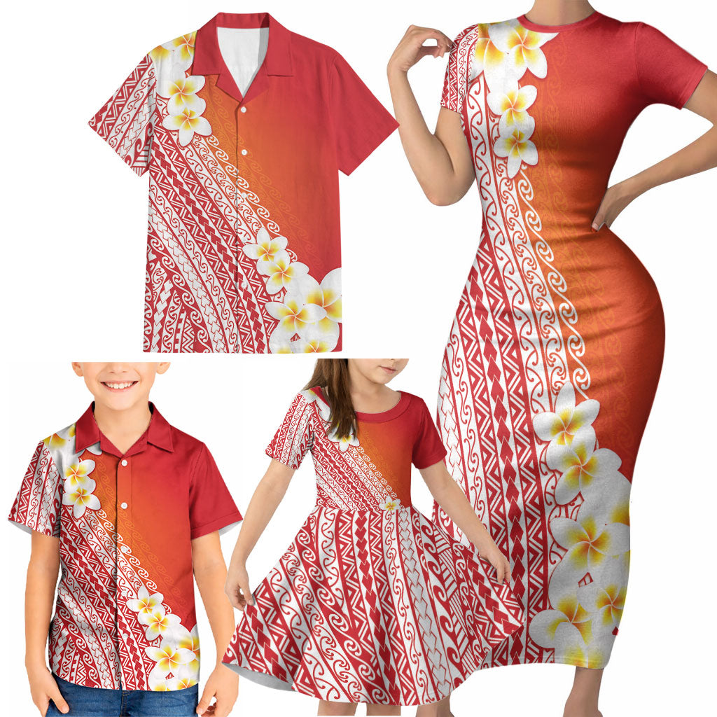 Tahiti Plumeria Tribal Pattern Family Matching Short Sleeve Bodycon Dress and Hawaiian Shirt Wave Style Red LT05 - Polynesian Pride