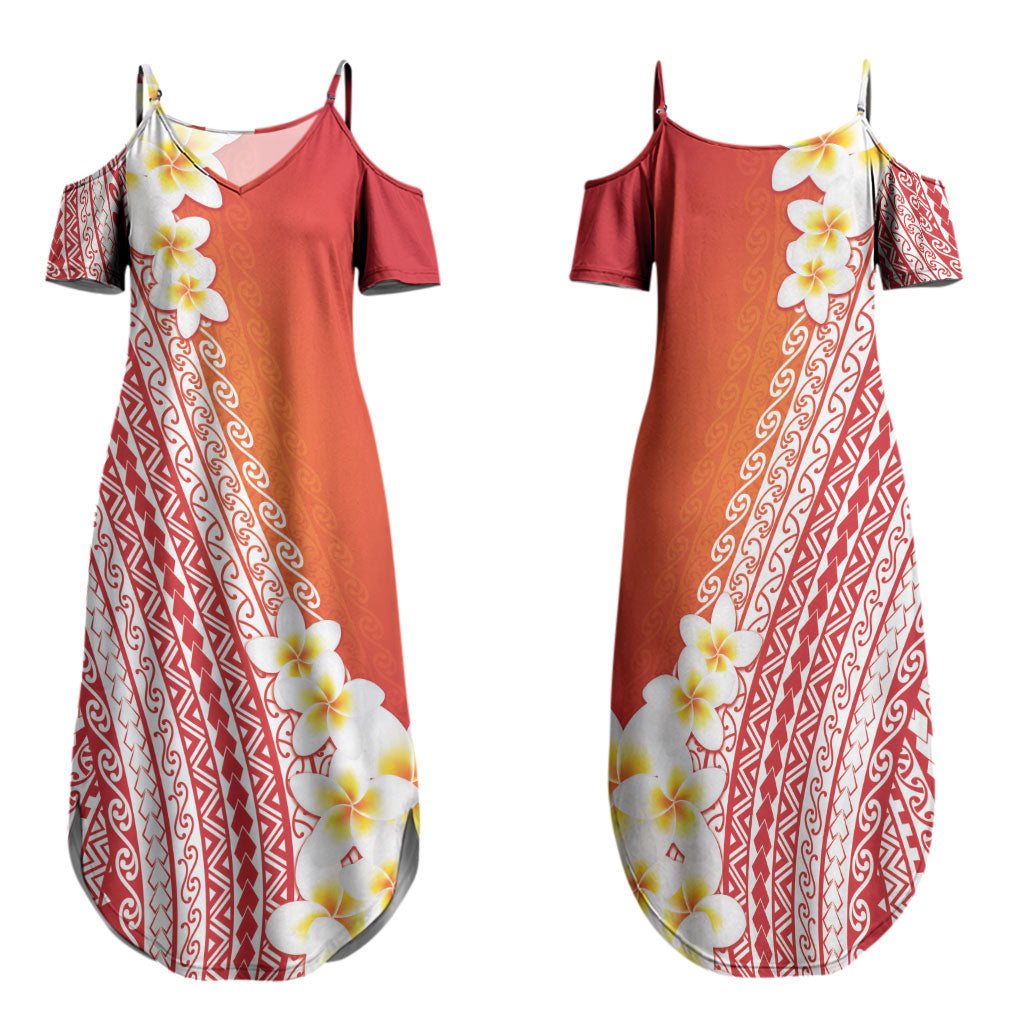 Tahiti Plumeria Tribal Pattern Family Matching Summer Maxi Dress and Hawaiian Shirt Wave Style Red LT05 Mom's Dress Red - Polynesian Pride