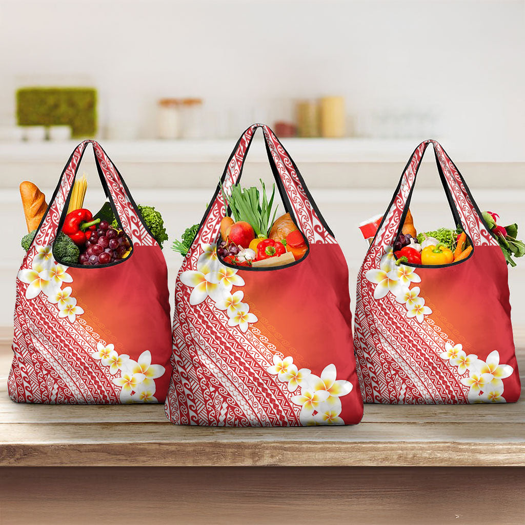 Tahiti Plumeria Tribal Pattern Grocery Bag Wave Style Red LT05 3-pack One Size Red - Polynesian Pride
