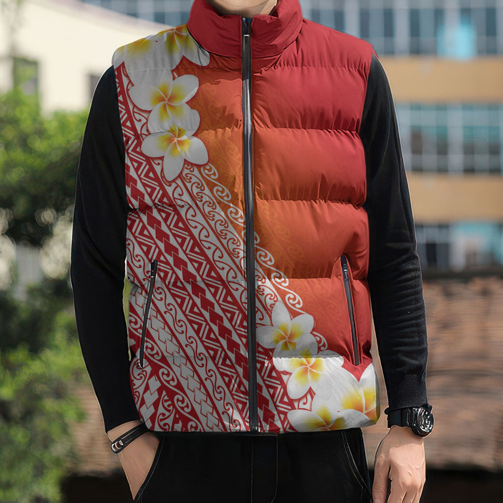 Tahiti Plumeria Tribal Pattern Sleeveless Puffer Jacket Wave Style Red LT05 - Polynesian Pride