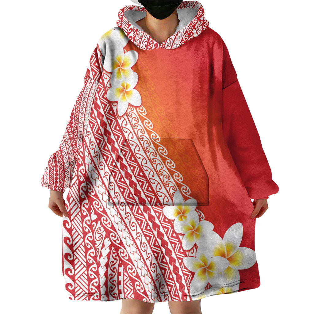 Tahiti Plumeria Tribal Pattern Wearable Blanket Hoodie Wave Style Red LT05 - Polynesian Pride
