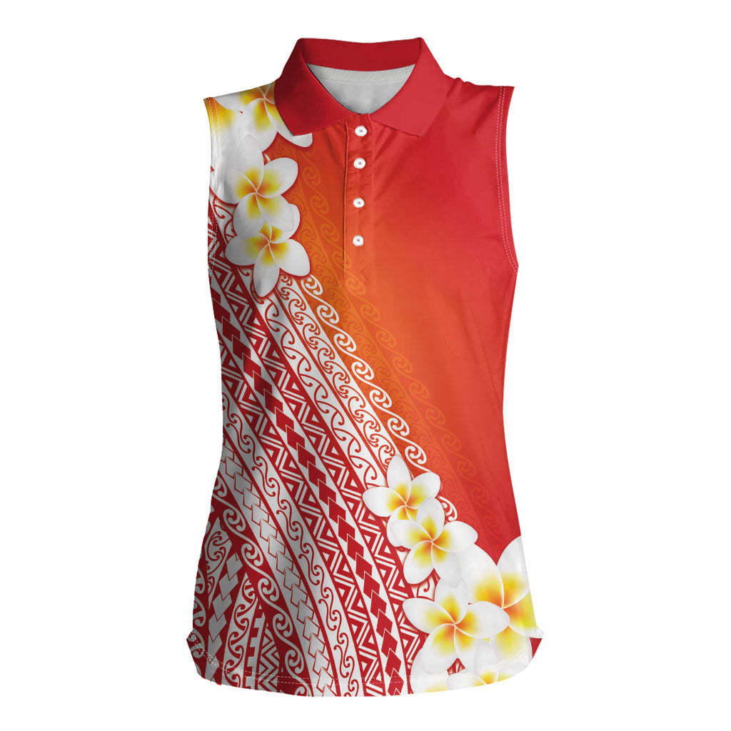 Tahiti Plumeria Tribal Pattern Women Sleeveless Polo Shirt Wave Style Red LT05 Female Red - Polynesian Pride