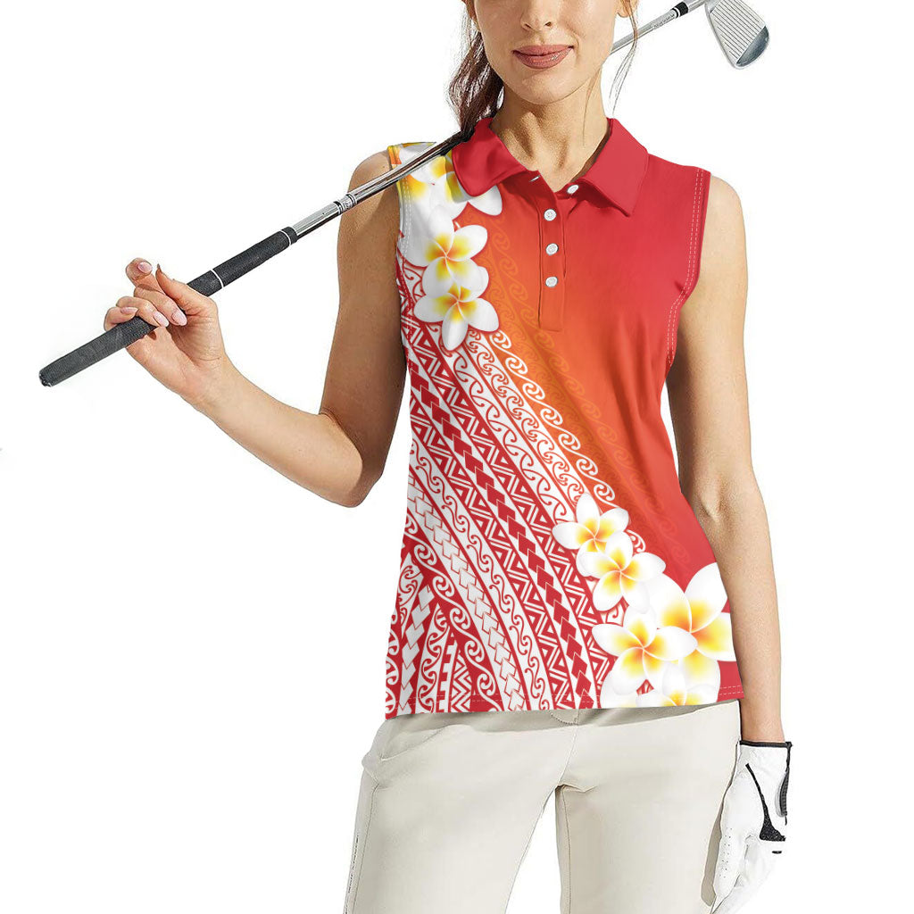 Tahiti Plumeria Tribal Pattern Women Sleeveless Polo Shirt Wave Style Red LT05 - Polynesian Pride